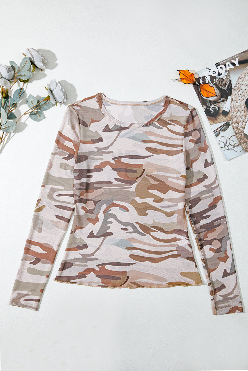 Western Camo Mesh Long Sleeve Top