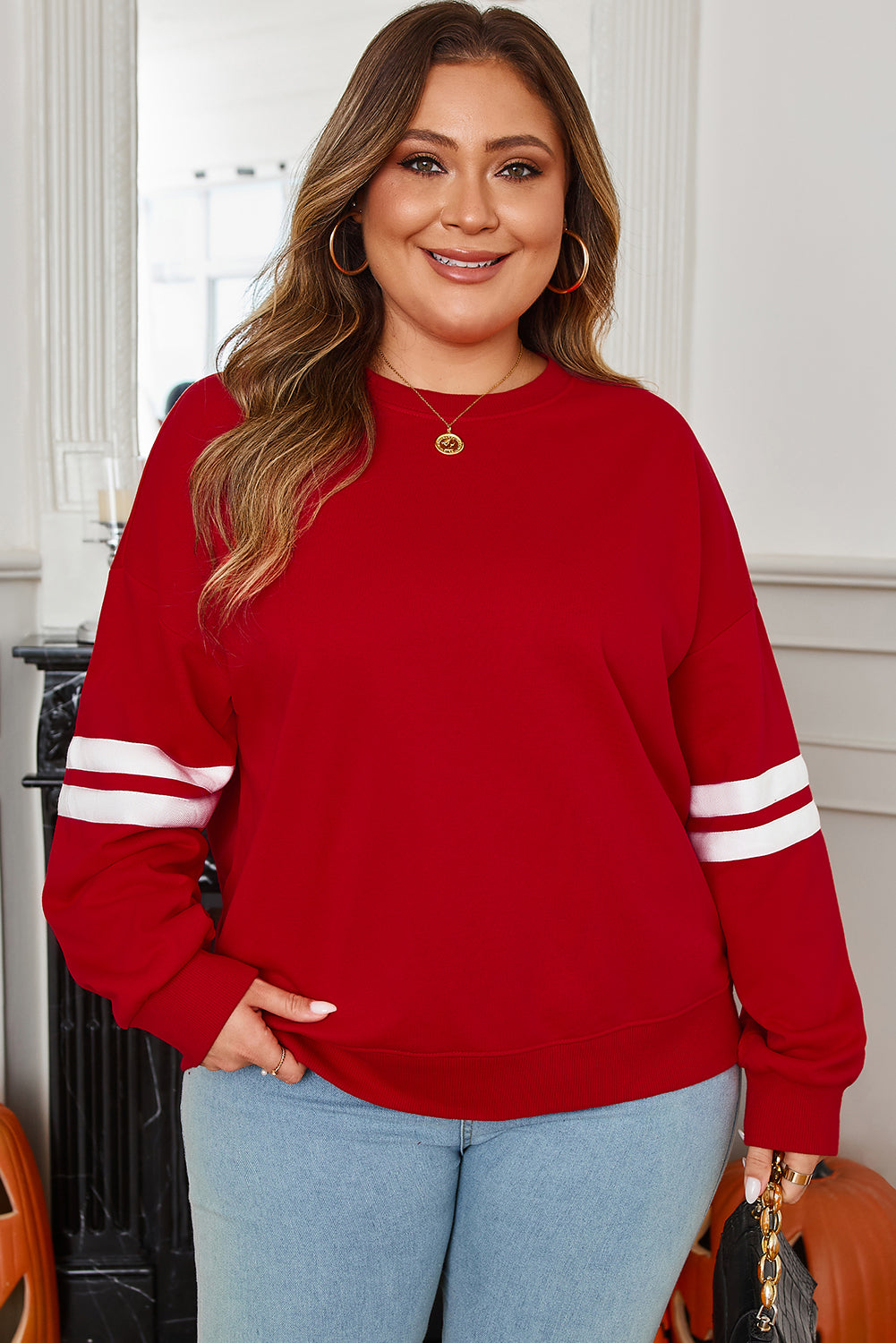 Plus Size Varsity Stripe Crew Neck Sweatshirt