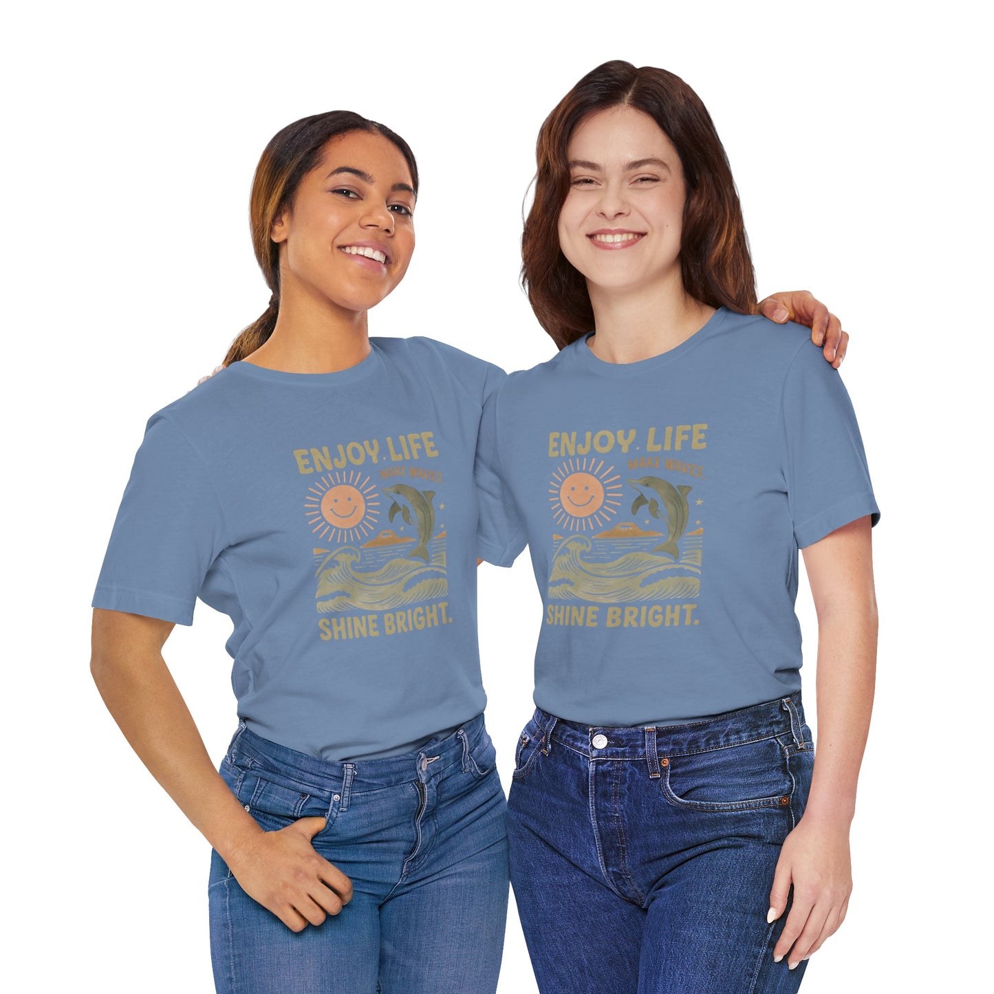 Enjoy Life Short Sleeve Tee - Retro Beach Vibes, Summer Style, Perfect Gift, Casual Wear, Dolphin Design, Fun Shirt