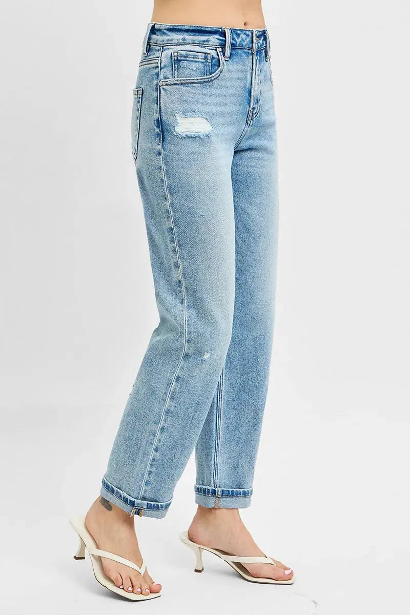 Full Size High Rise Ankle Boyfriend Distressed RISEN Jeans