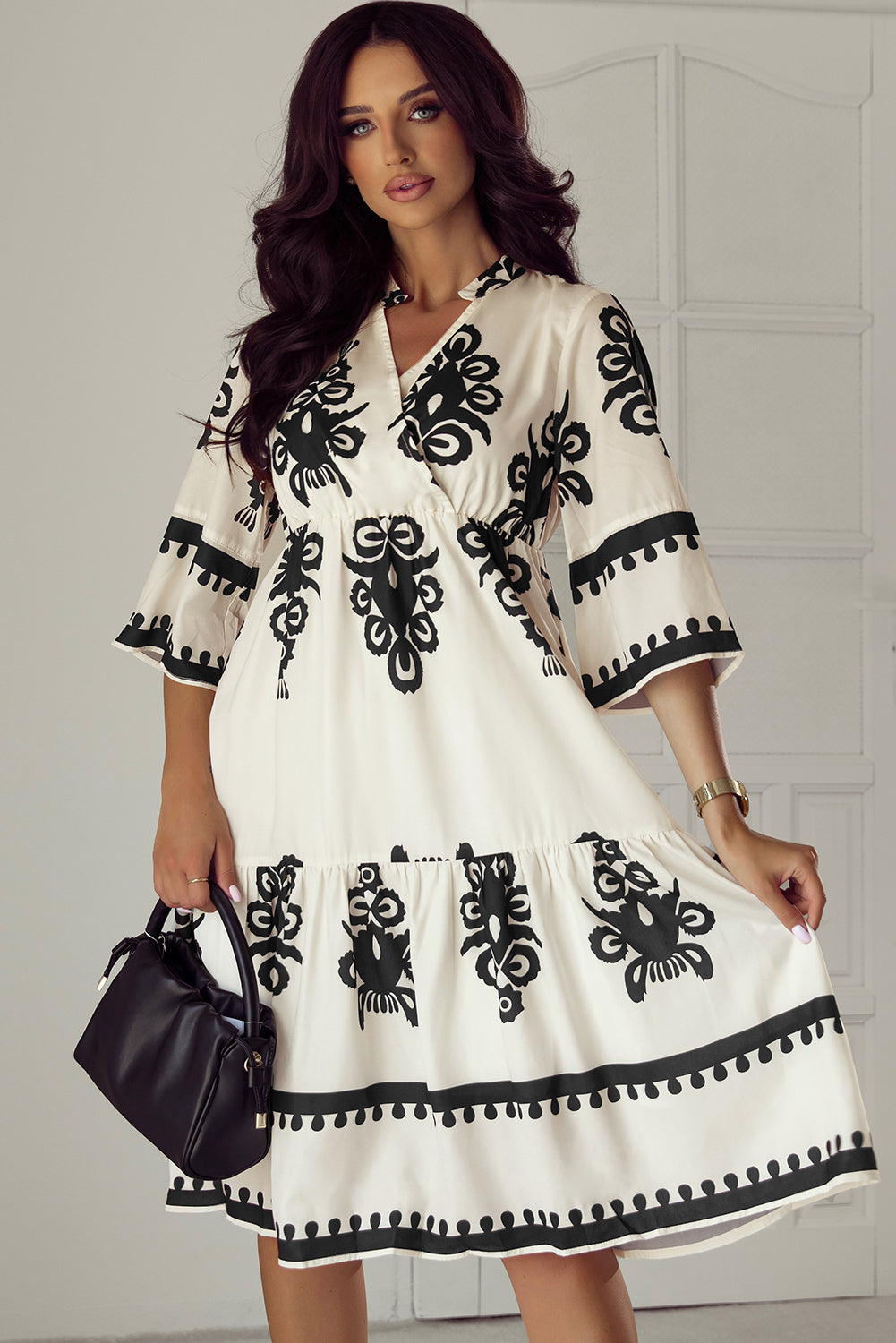Western Geometric 3/4 Sleeve Midi Dress