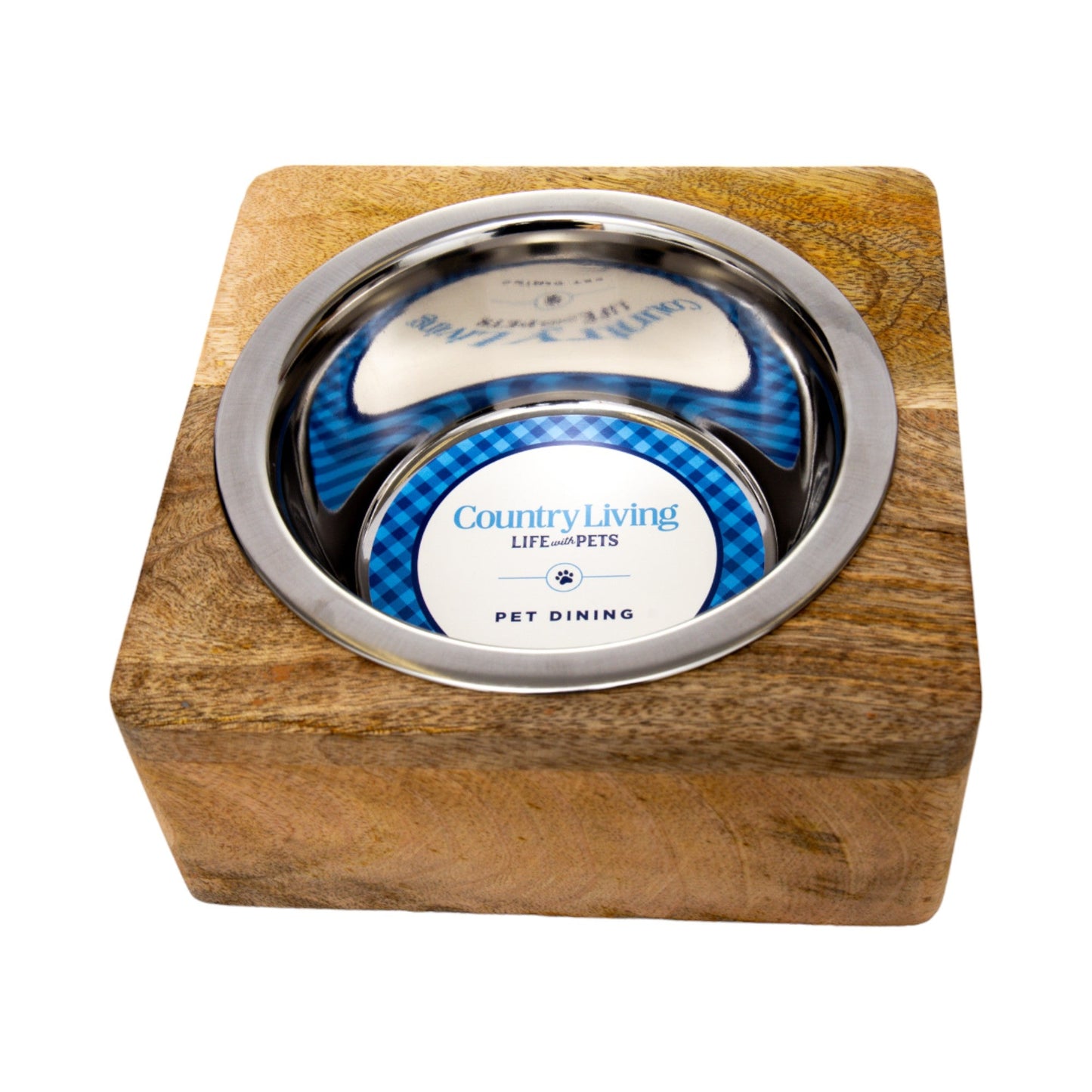 Country Living Elegant Stainless Steel Dog Bowl with Square Mango Wood Holder – 1 Quart