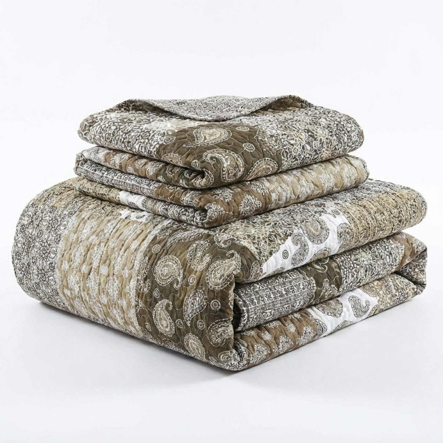 DaDa Bedding Bohemian Olive Brown Moroccan Paisley Floral Filigree Patchwork Cotton Bedspread Set (JHW-885)