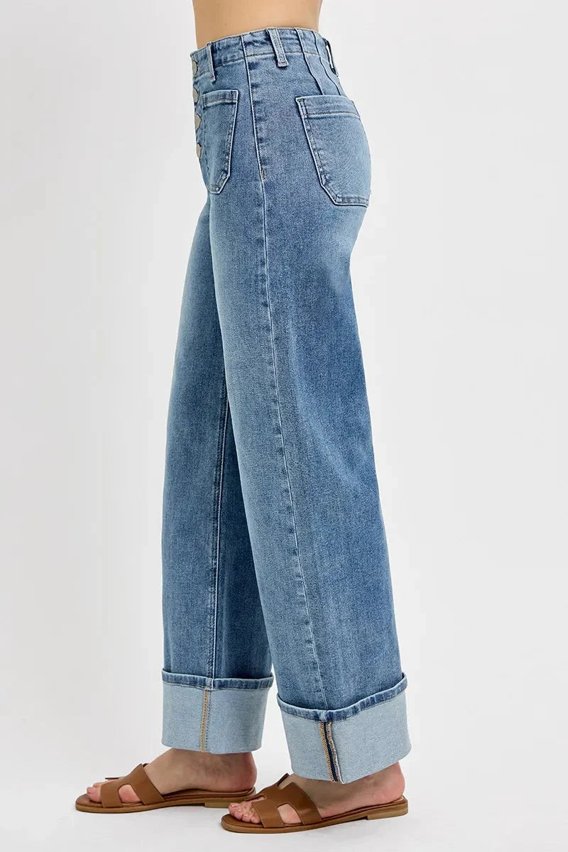 RISEN Jeans - High Rise Ankle Wide Button Patch Pocket Cuffed Jeans