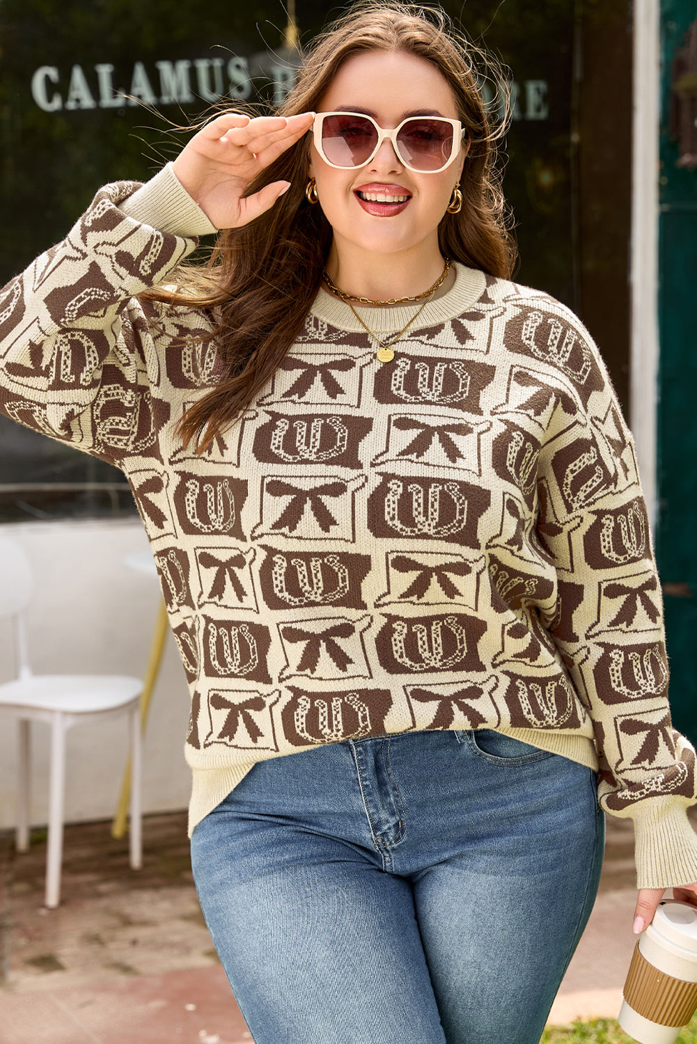 Plus Size Western Bows & Horseshoes Long Sleeve Sweater