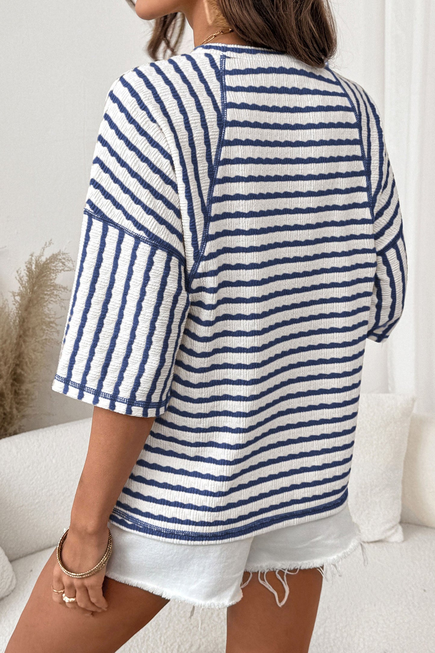 Stripe Textured Knit 3/4 Sleeve Top