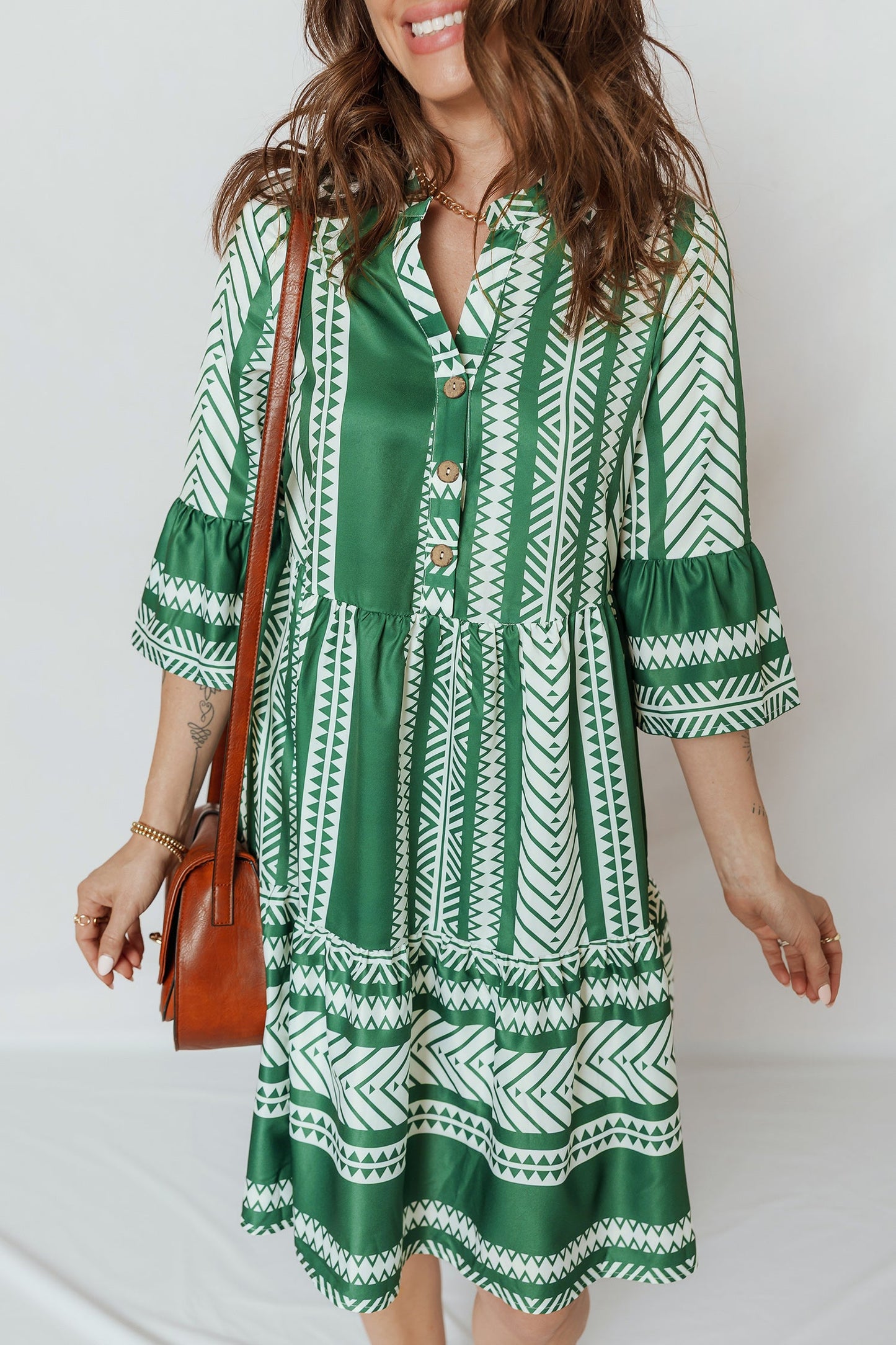 Boho Geometric Stripe Half Buttoned Dress