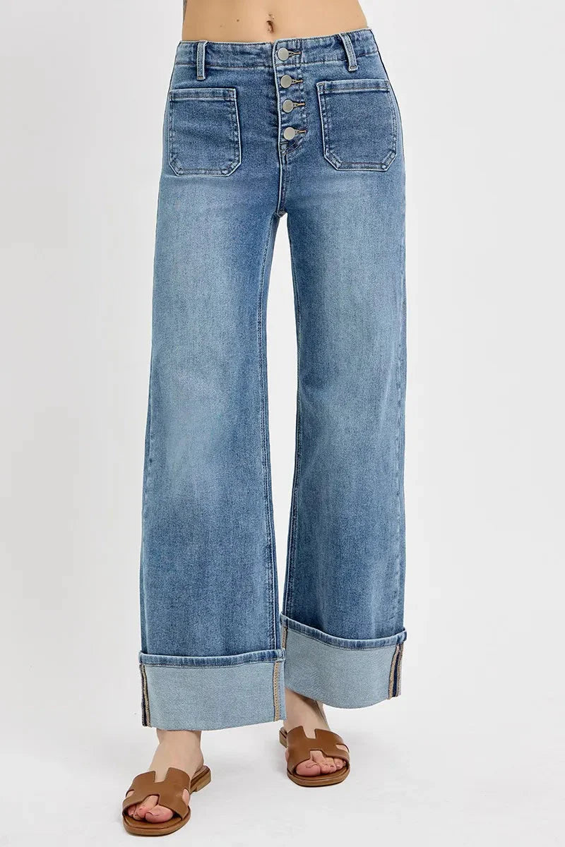 RISEN Jeans - High Rise Ankle Wide Button Patch Pocket Cuffed Jeans