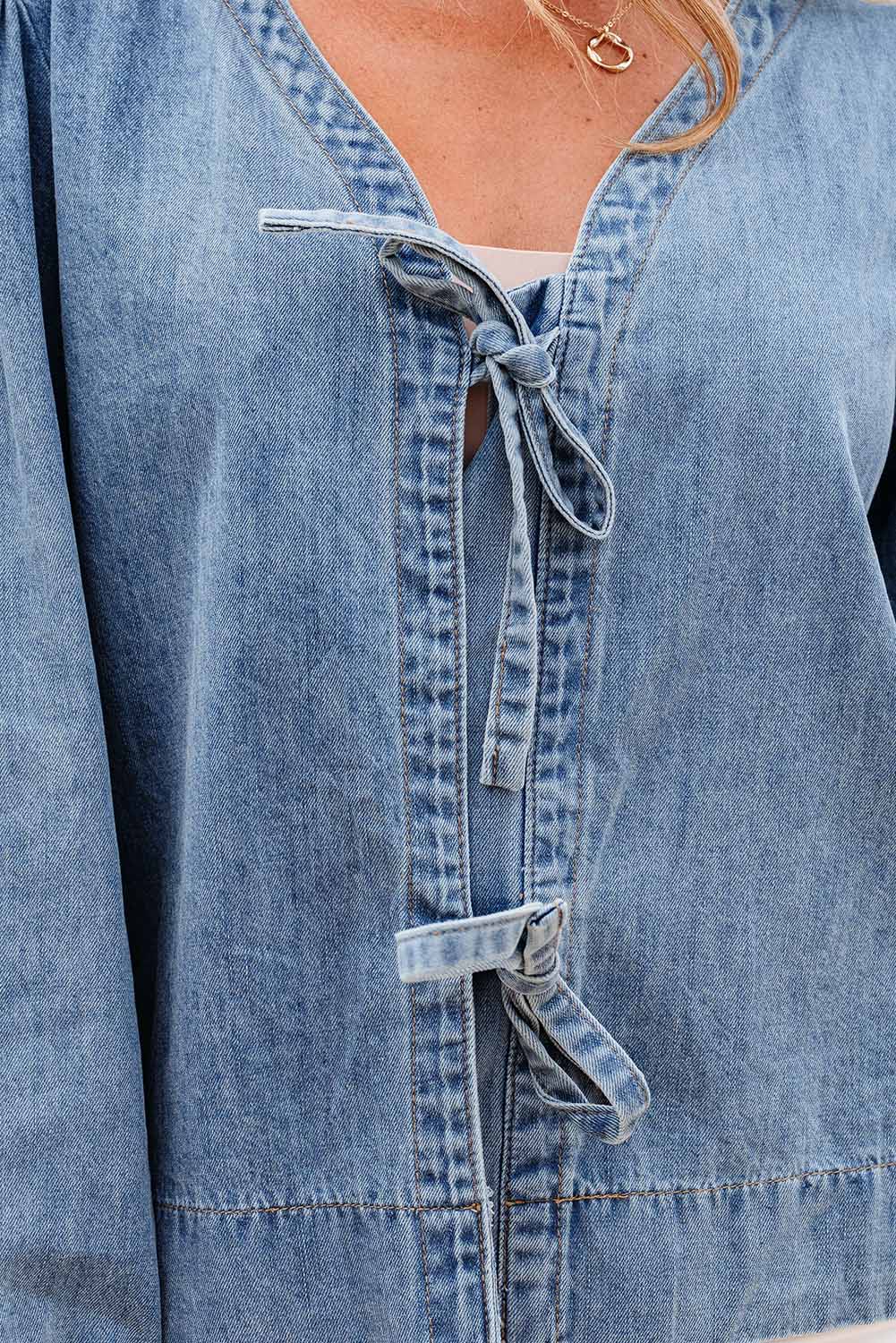 Solid Denim Tie-Front Puff Sleeve Top