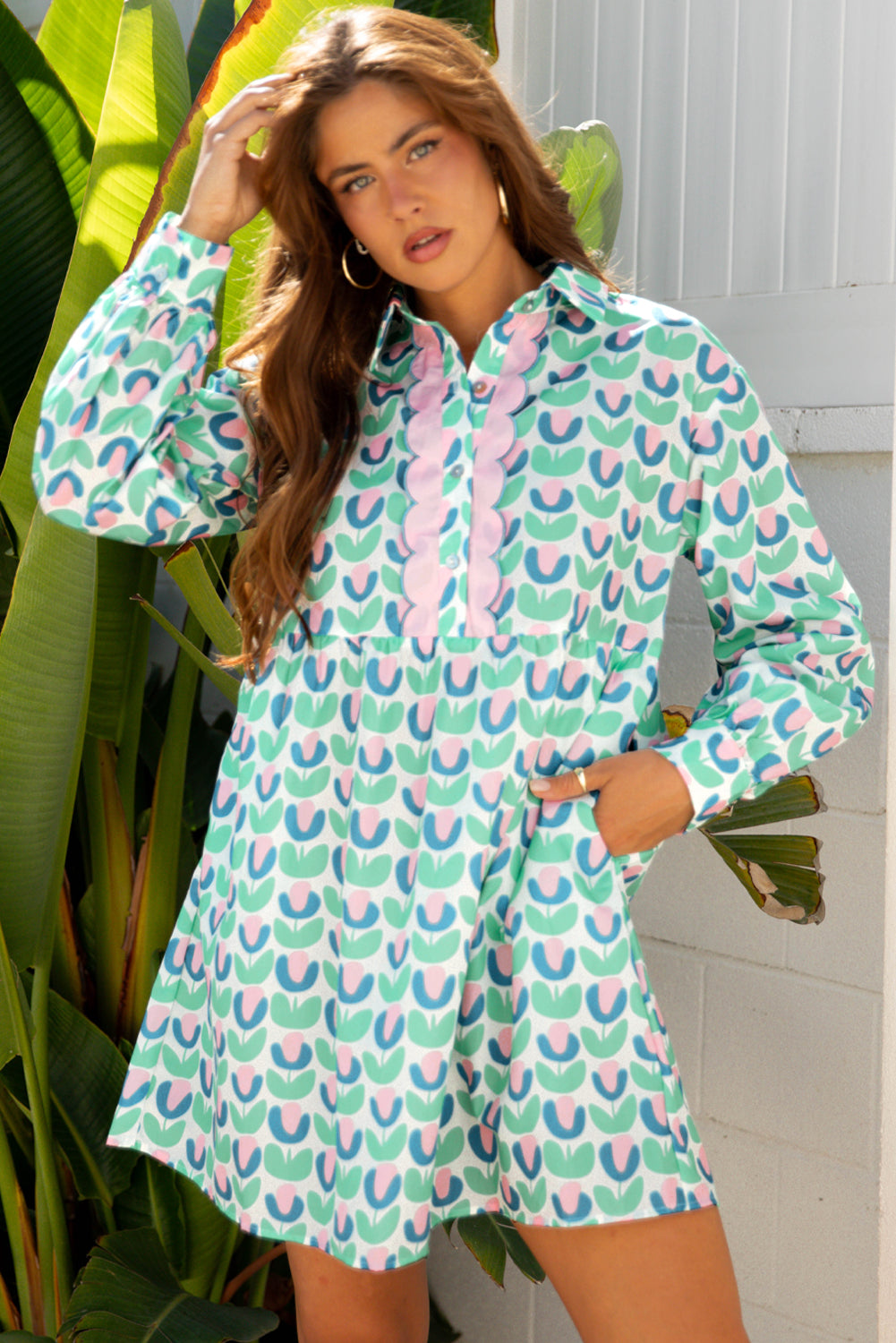 Floral Scalloped Notched Neck Mini Dress