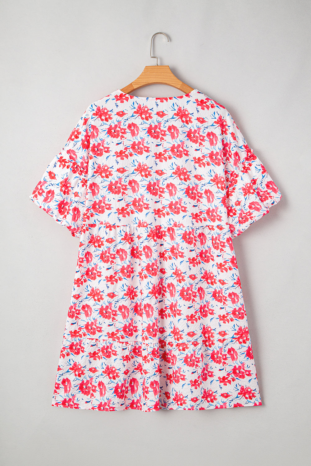 Plus Size Floral Ruffle 3/4 Sleeve V-Neck Dress