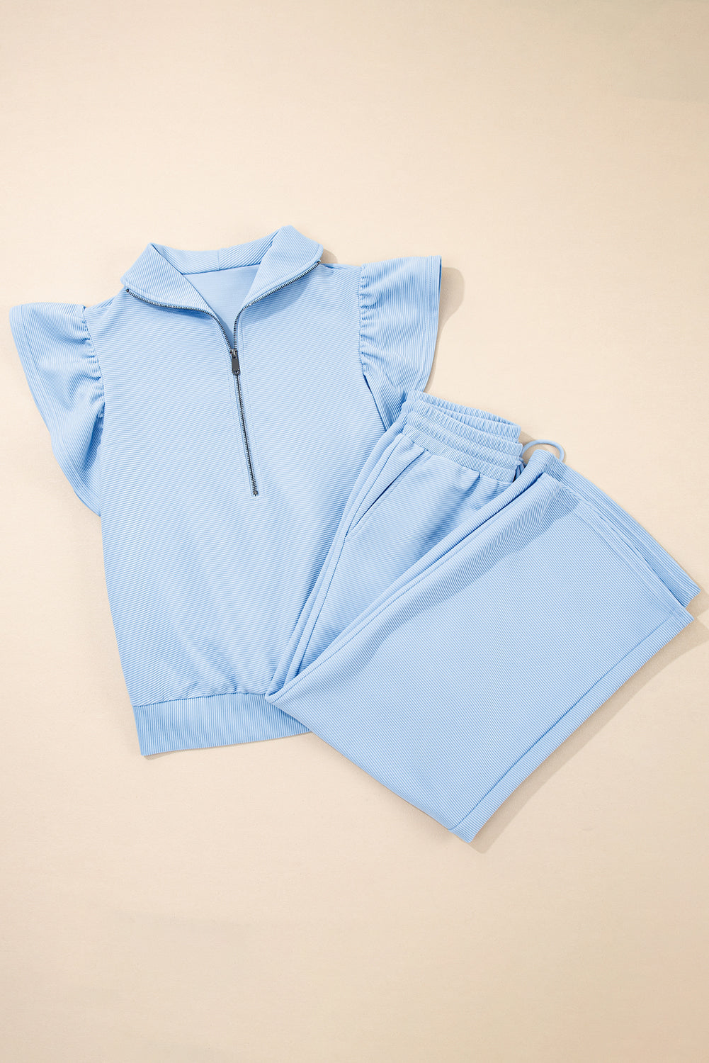 Textured Ruffle Half Zip Top and Pants Set