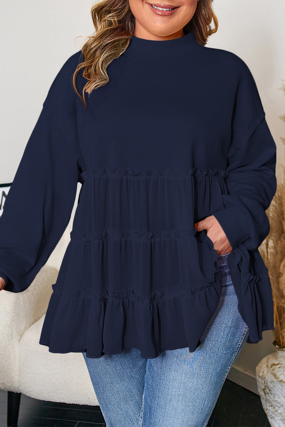 Plus Size Solid Ruffle Tiered Ribbed Crewneck Top