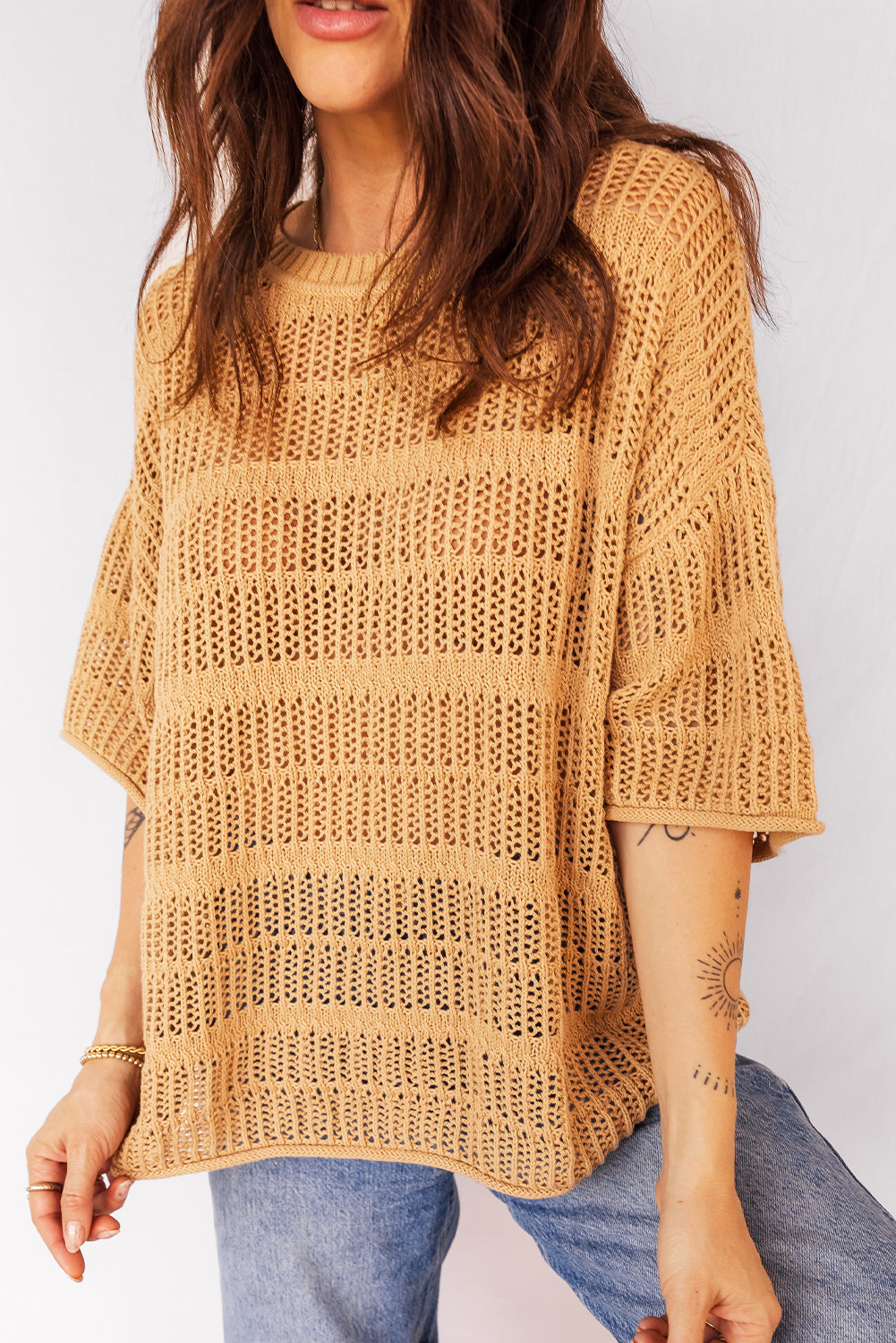 Hollow-Out Openwork Knit 3/4 Sleeve Sweater
