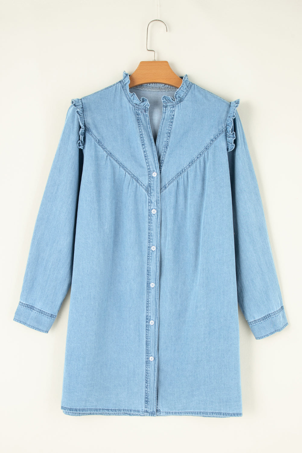 Denim Ruffle V-Neck Buttoned Mini Dress