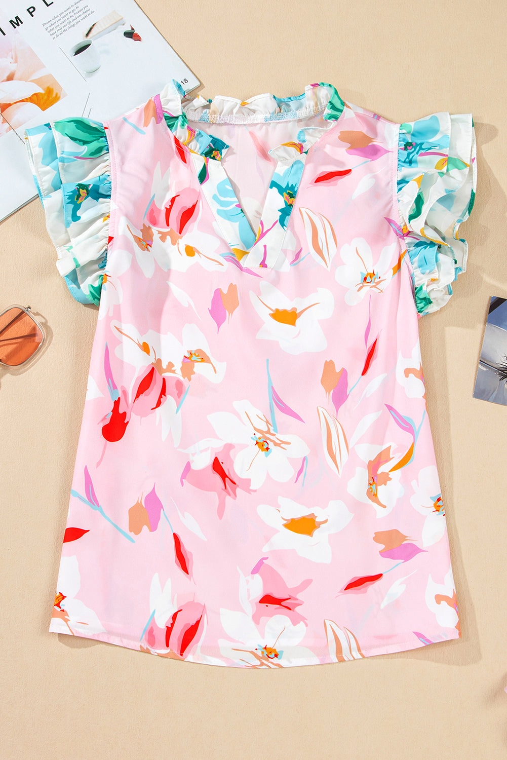 Floral Patchwork Notched Neck Flutter Sleeve Blouse