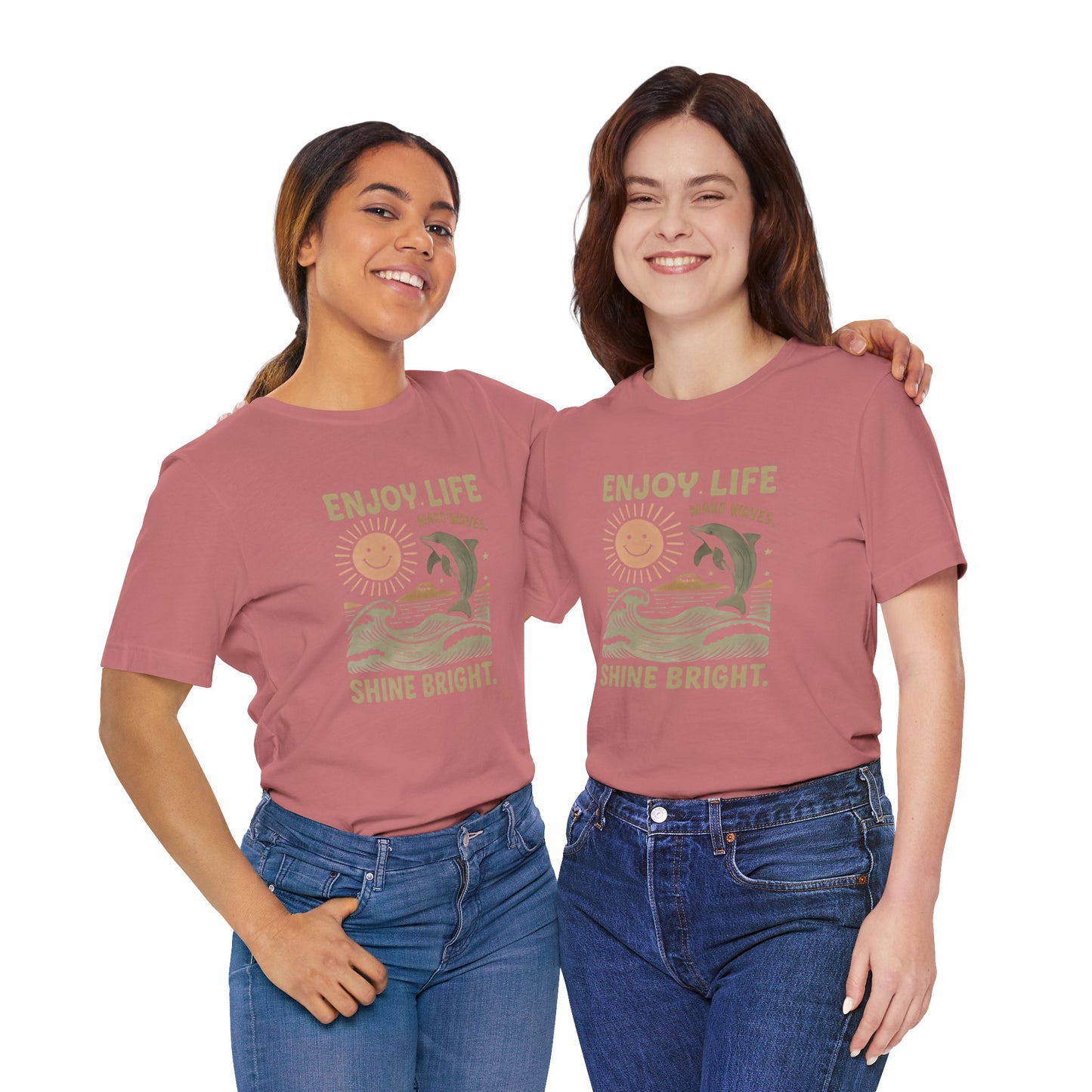 Enjoy Life Short Sleeve Tee - Retro Beach Vibes, Summer Style, Perfect Gift, Casual Wear, Dolphin Design, Fun Shirt