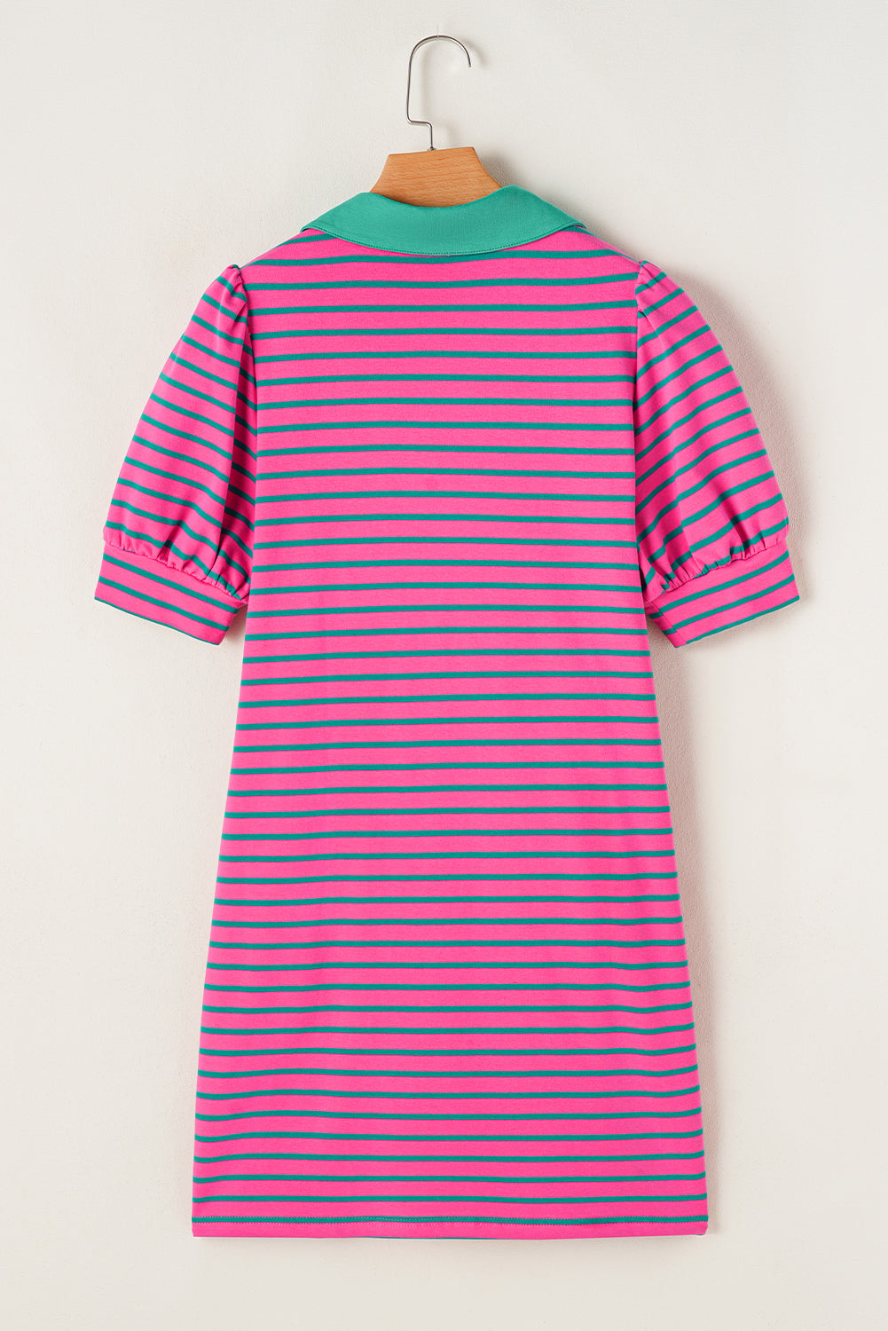 Stripe Collared V-Neck Puff Sleeve T-Shirt Dress