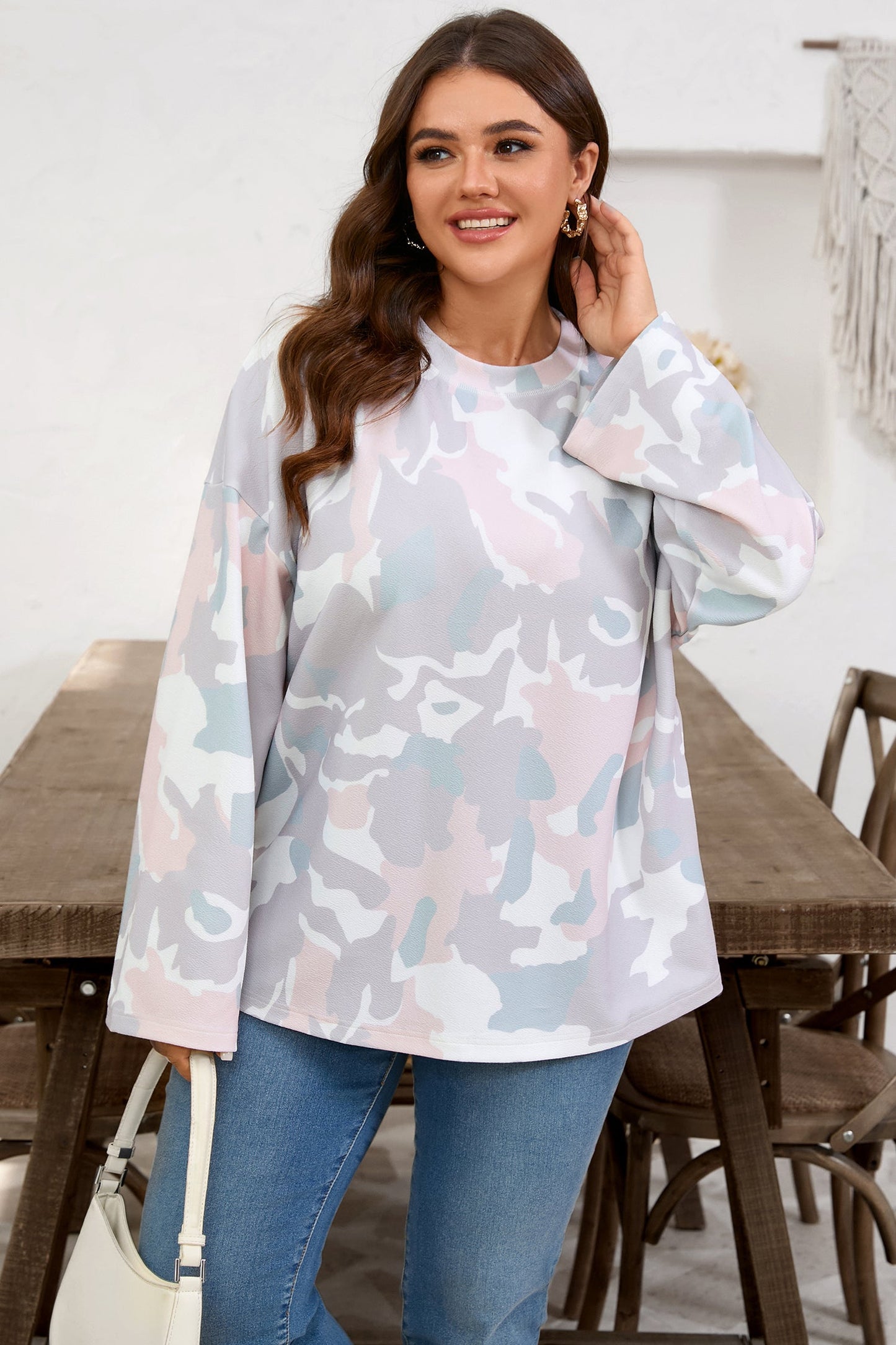 Plus Size Camo Drop Shoulder Pullover Top