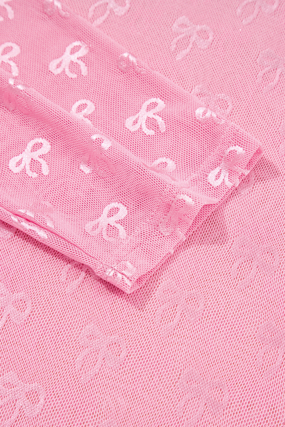 Plus Size Bow Tie Mesh Embroidered Long Sleeve Top