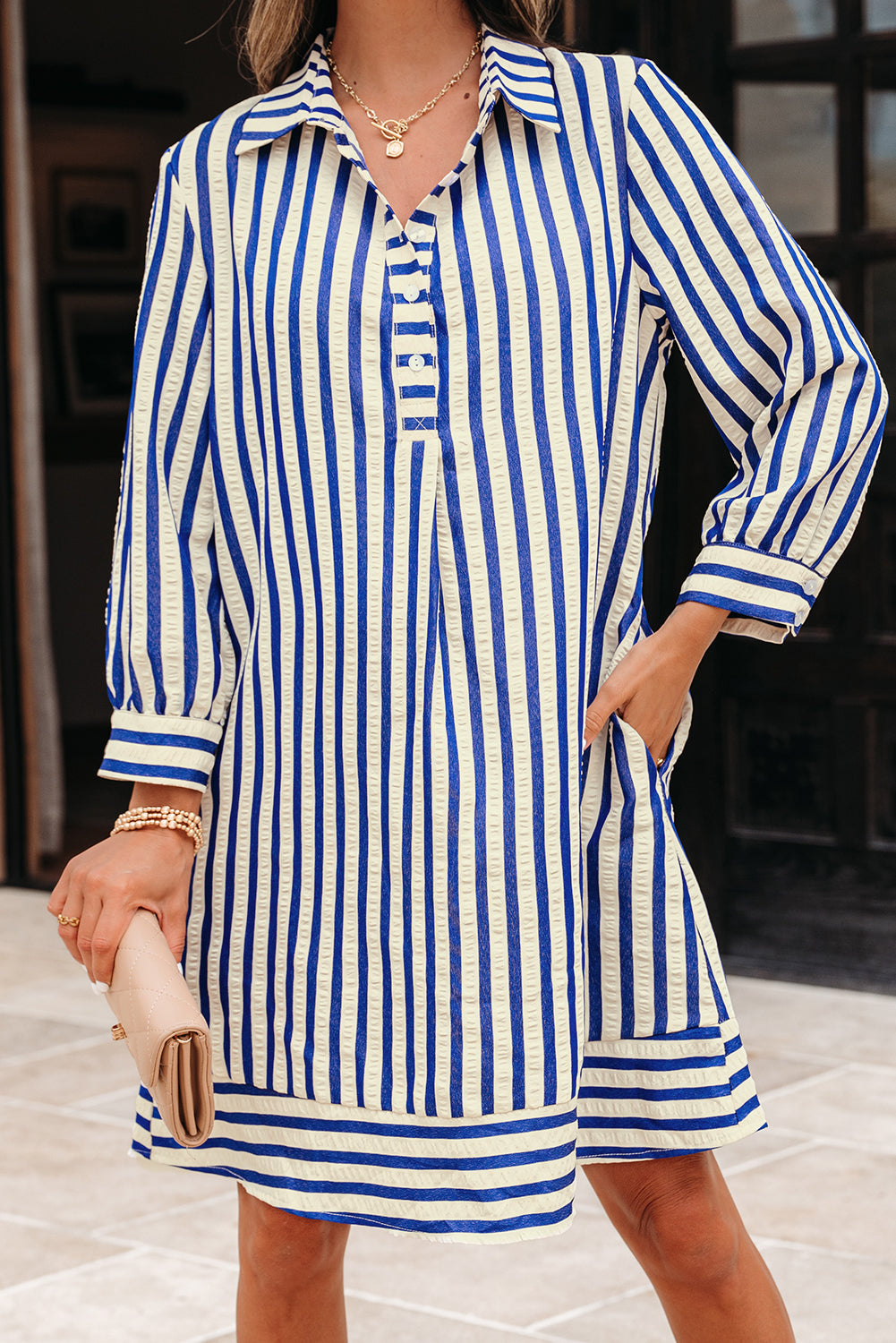 Stripe Buttoned Collar Side Pockets Mini Dress