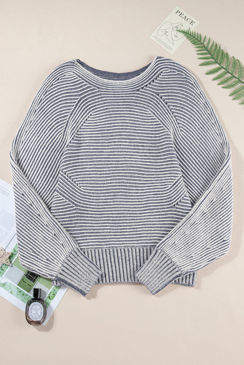 Stripe Ribbed Knit Boat Neck Sweater