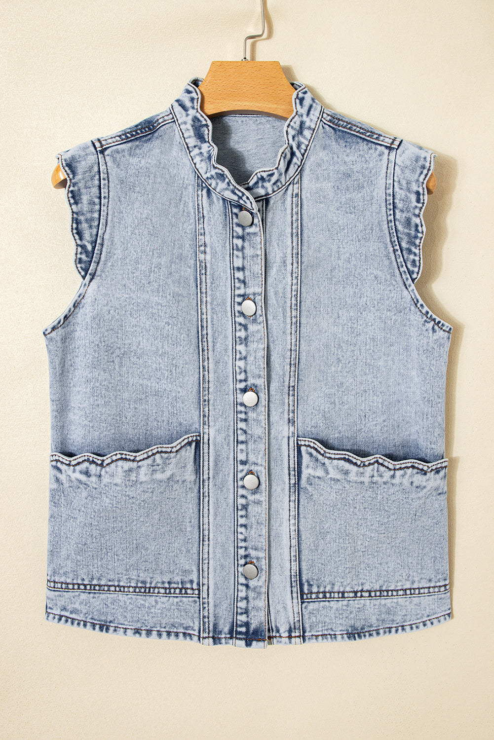 Denim Button-Front Scallop Trim Patch Pocket Vest