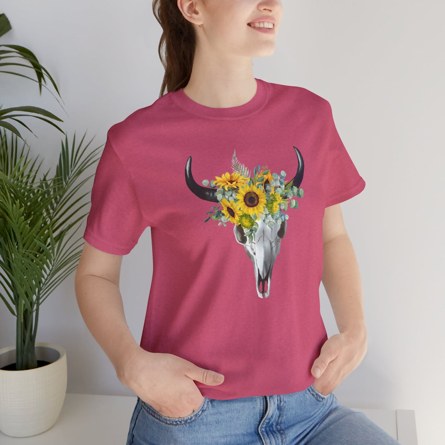 Floral Skull Graphic Tee, Cow Skull Shirt, Flower Pattern Top, Boho Style Summer Tee, Nature Lover Gift, Vintage Aesthetic T-shirt