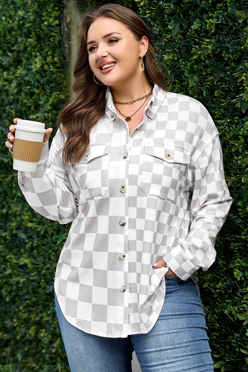 Plus Size Checker Button-Up Western Jacket