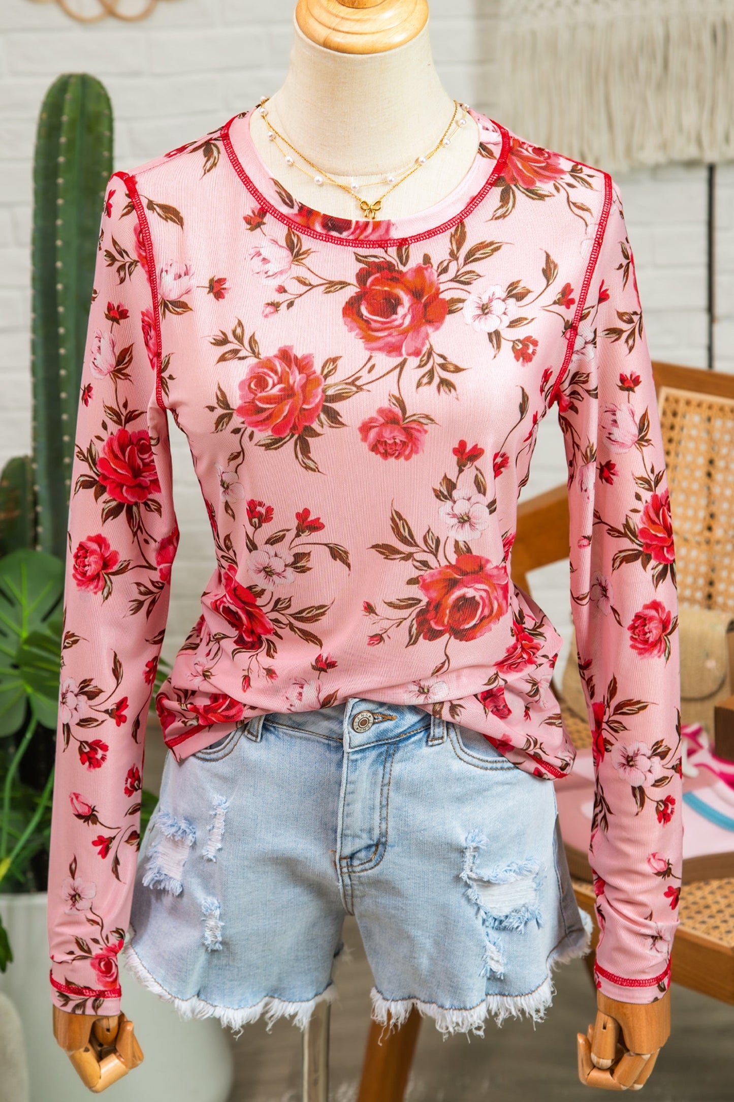 Pink Floral Print Exposed Seam Detail Mesh Long Sleeve Top