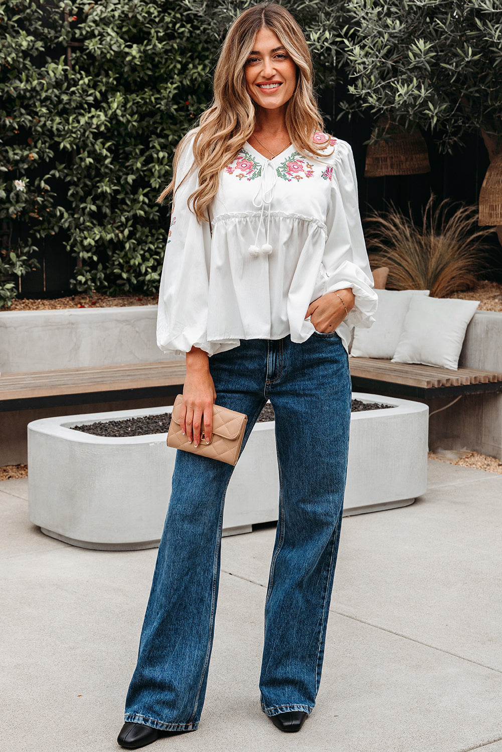 Floral Lace-Up V-Neck Babydoll Blouse