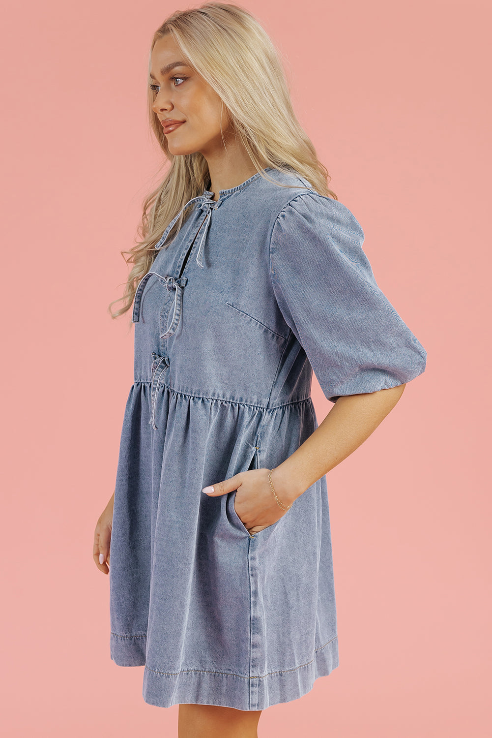 Denim Bow Bubble Sleeve Mini Dress