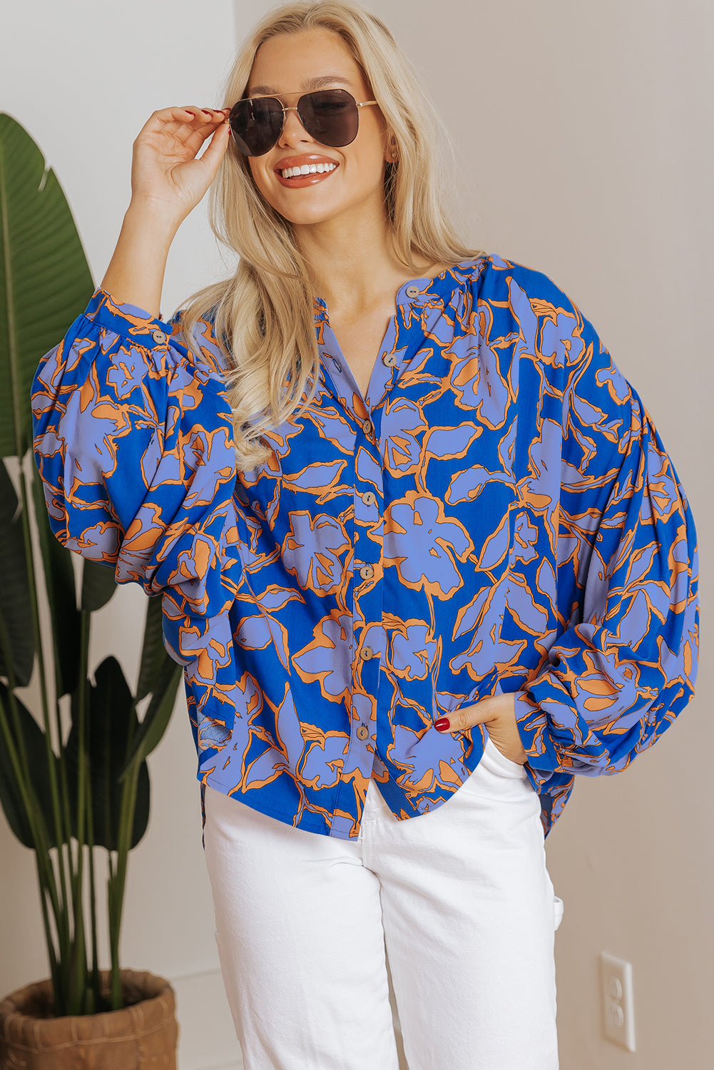 Floral Batwing Sleeve Button-Up Shirt