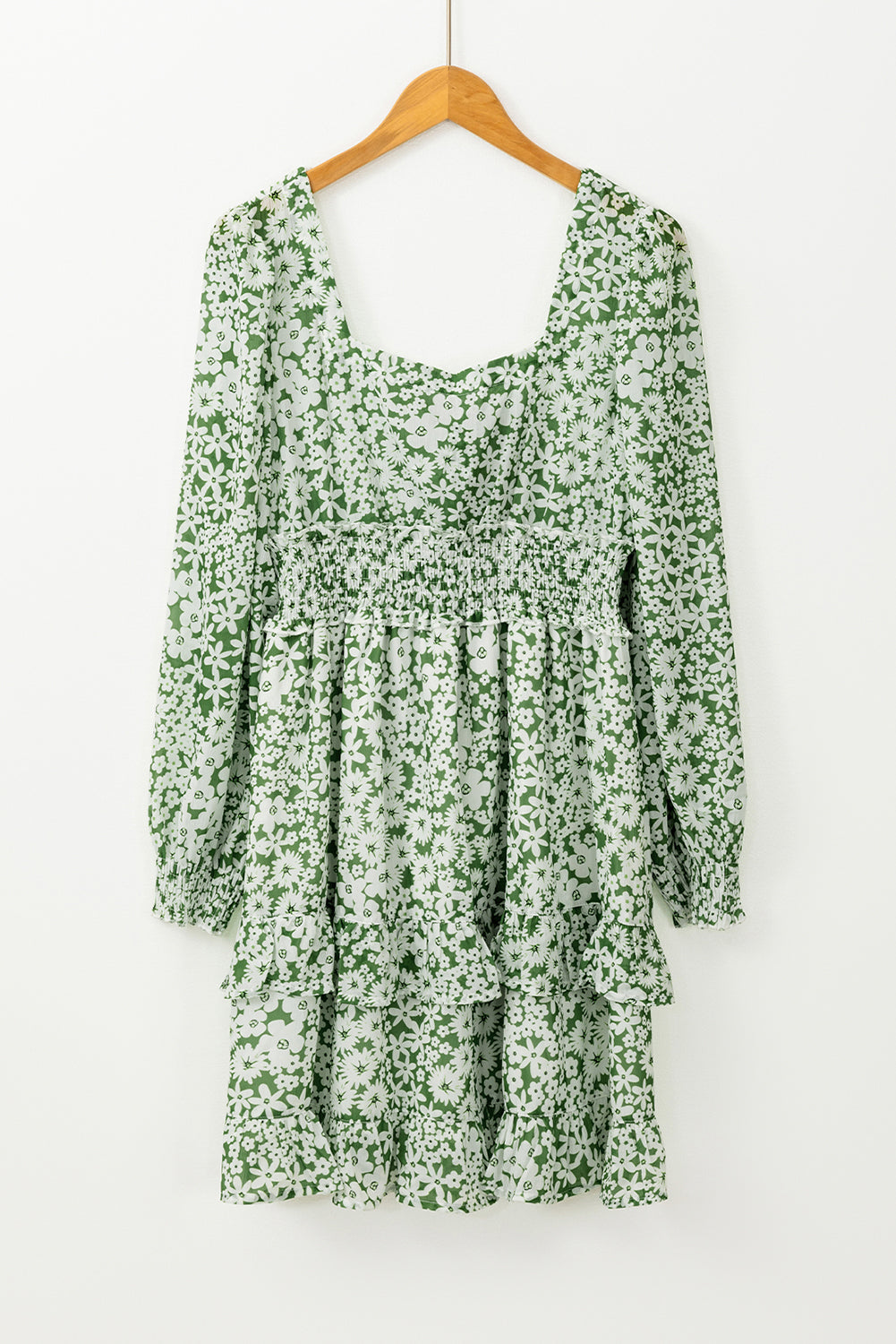 Floral Square Neck Shirred Waist Ruffle Dress