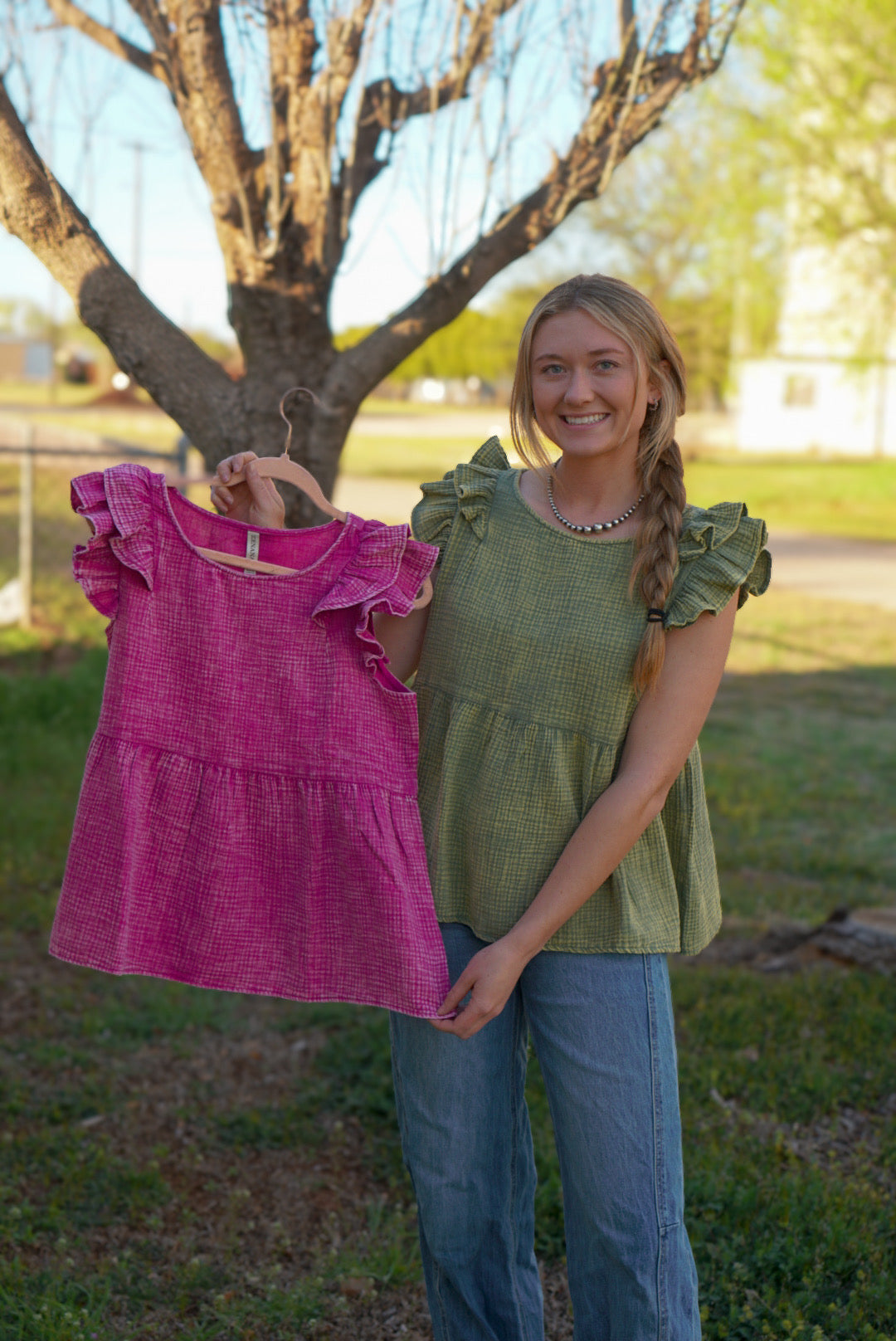 Lite Olive - Gauze Acid Washed Tiered Ruffle Peplum Top