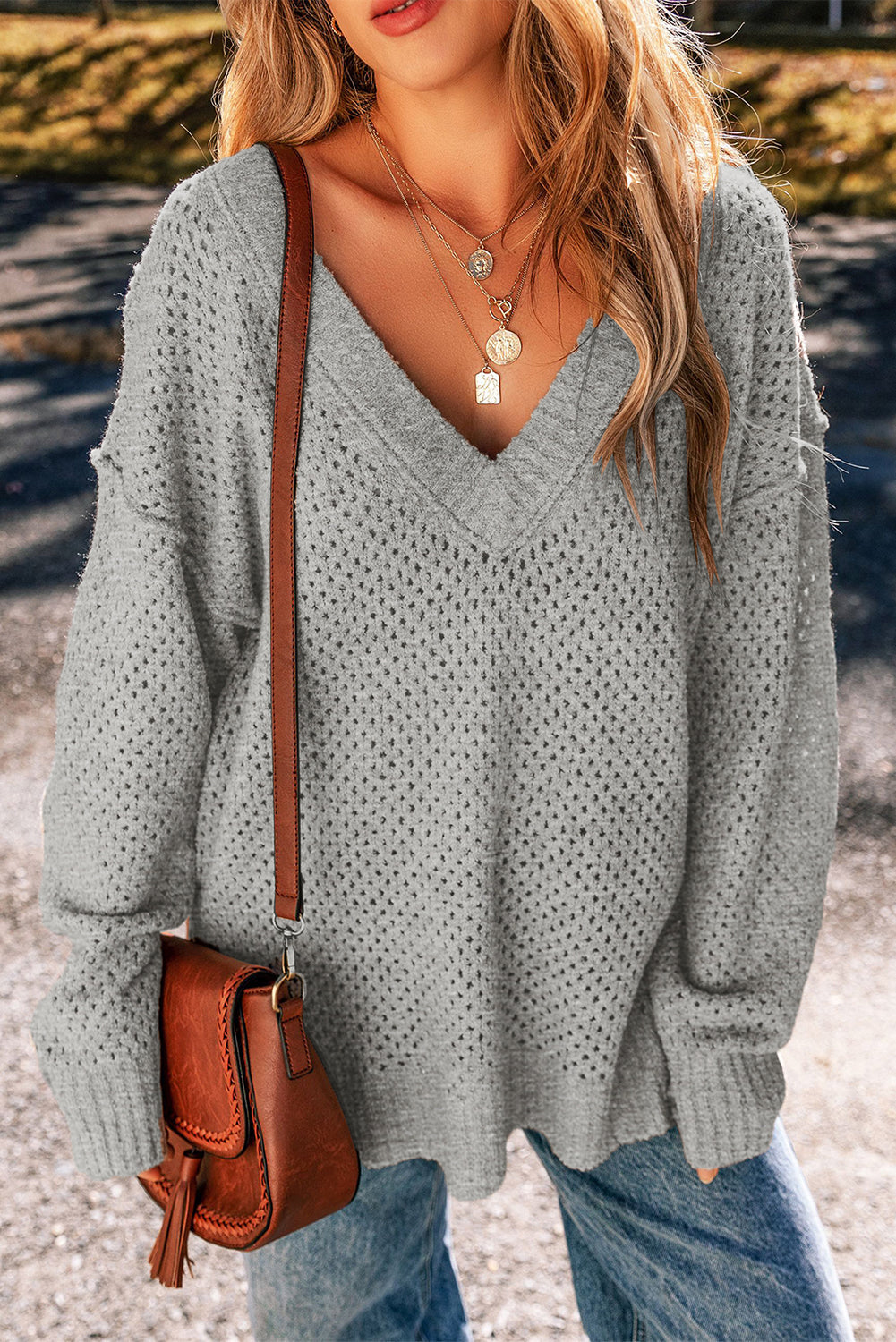 Solid Eyelet V-Neck Drop Shoulder Sweater