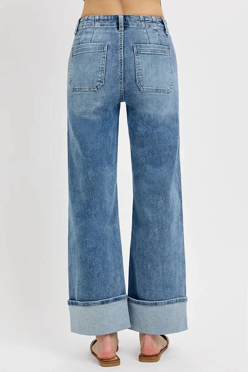 RISEN Jeans - High Rise Ankle Wide Button Patch Pocket Cuffed Jeans