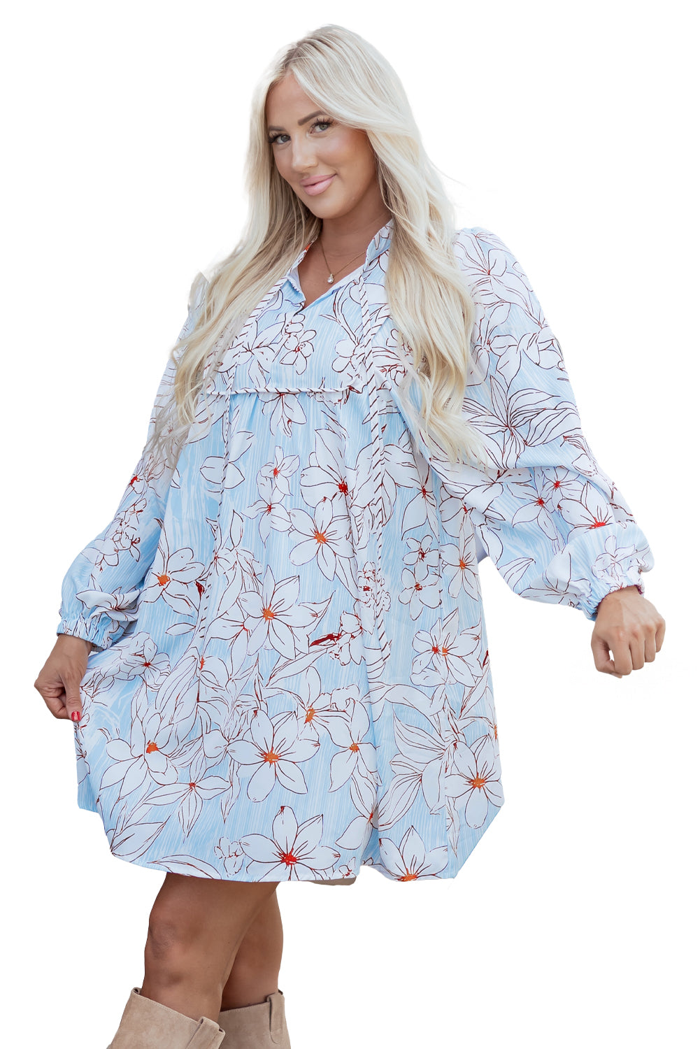 Floral Tie Neck Long Sleeve Mini Dress