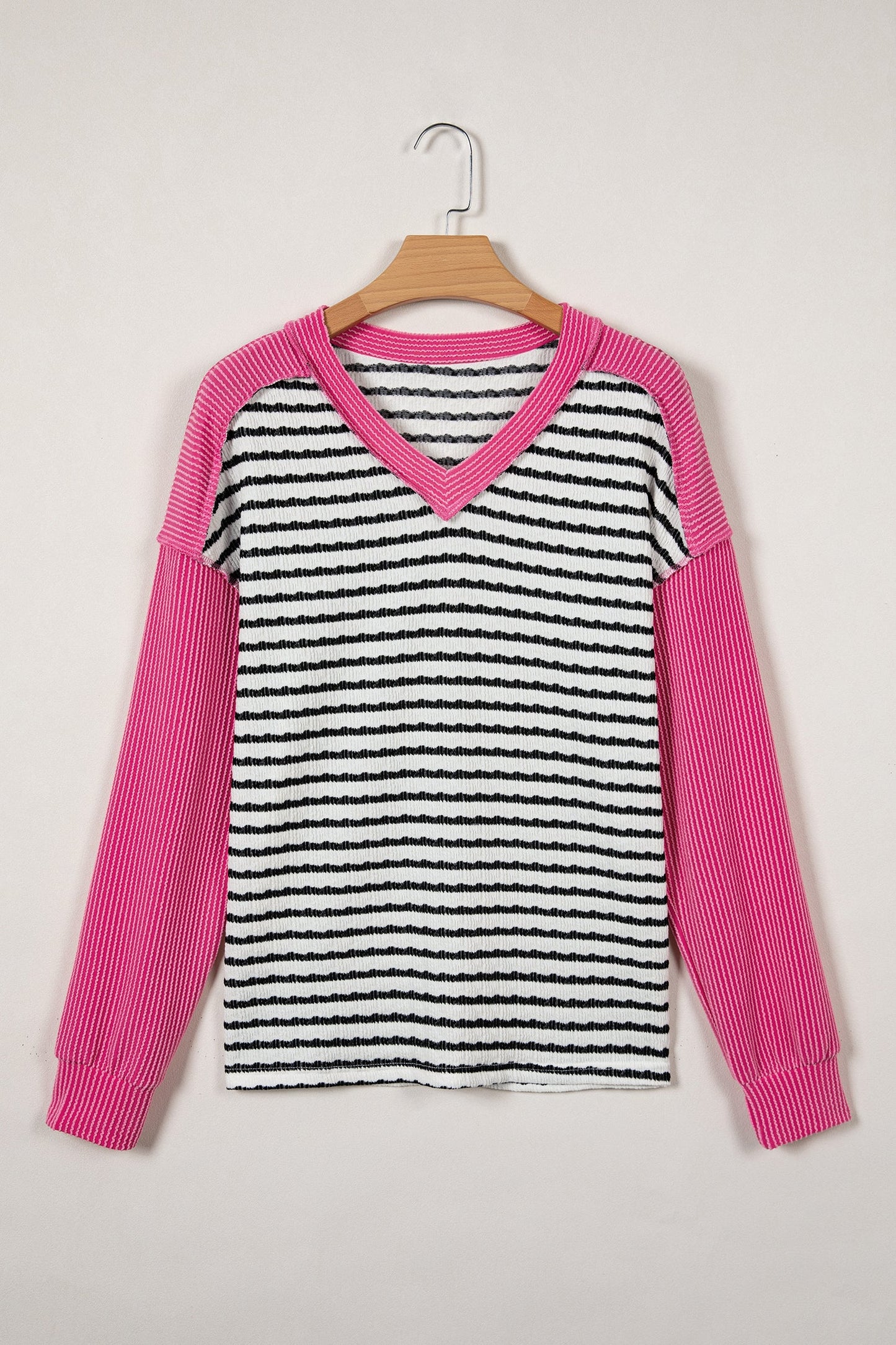 Stripe V-Neck Corded Knit Long Sleeve Top