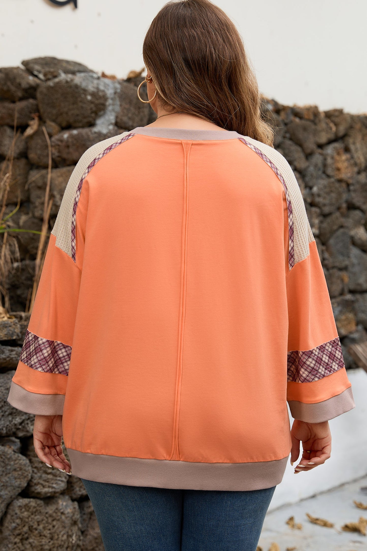 Plus Size Plaid Flower Patchwork 3/4 Sleeve Top