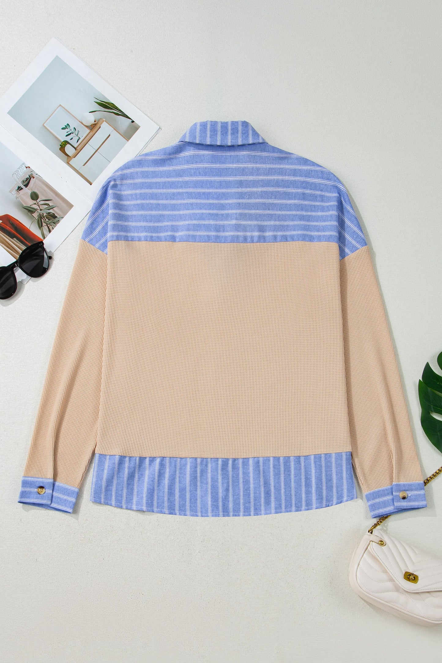 Plus Size Stripe Contrast Trim Waffle Knit Collared Top
