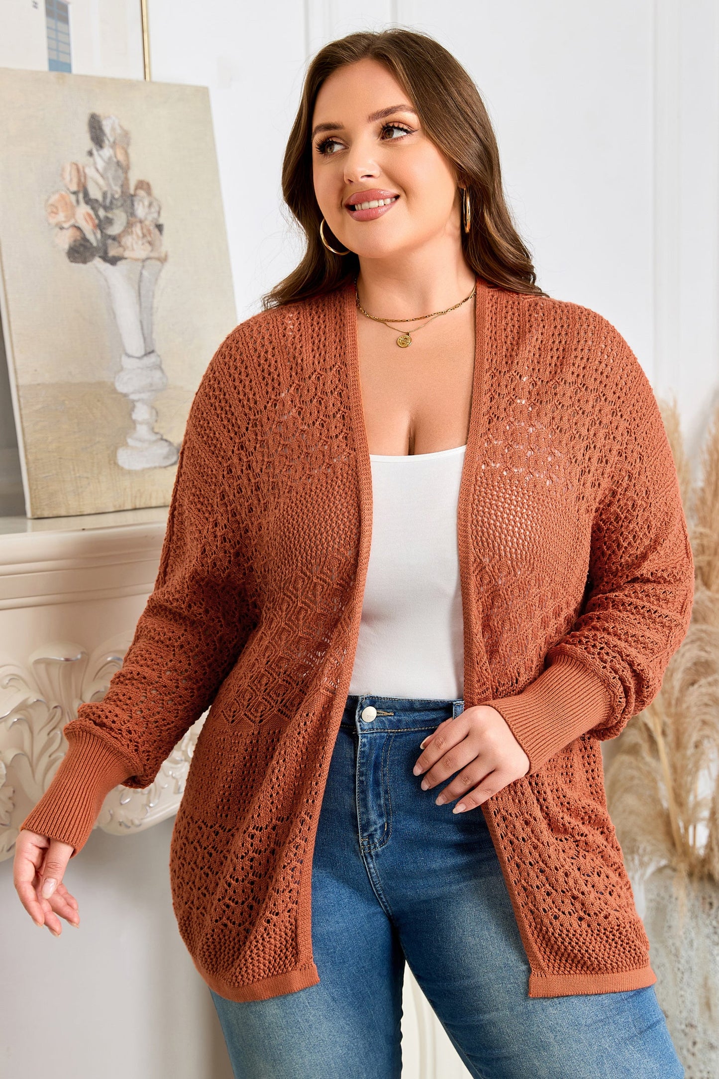 Plus Size Solid Pointelle Knit Open Front Cardigan