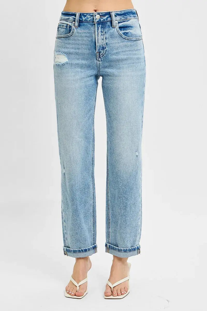 Full Size High Rise Ankle Boyfriend Distressed RISEN Jeans