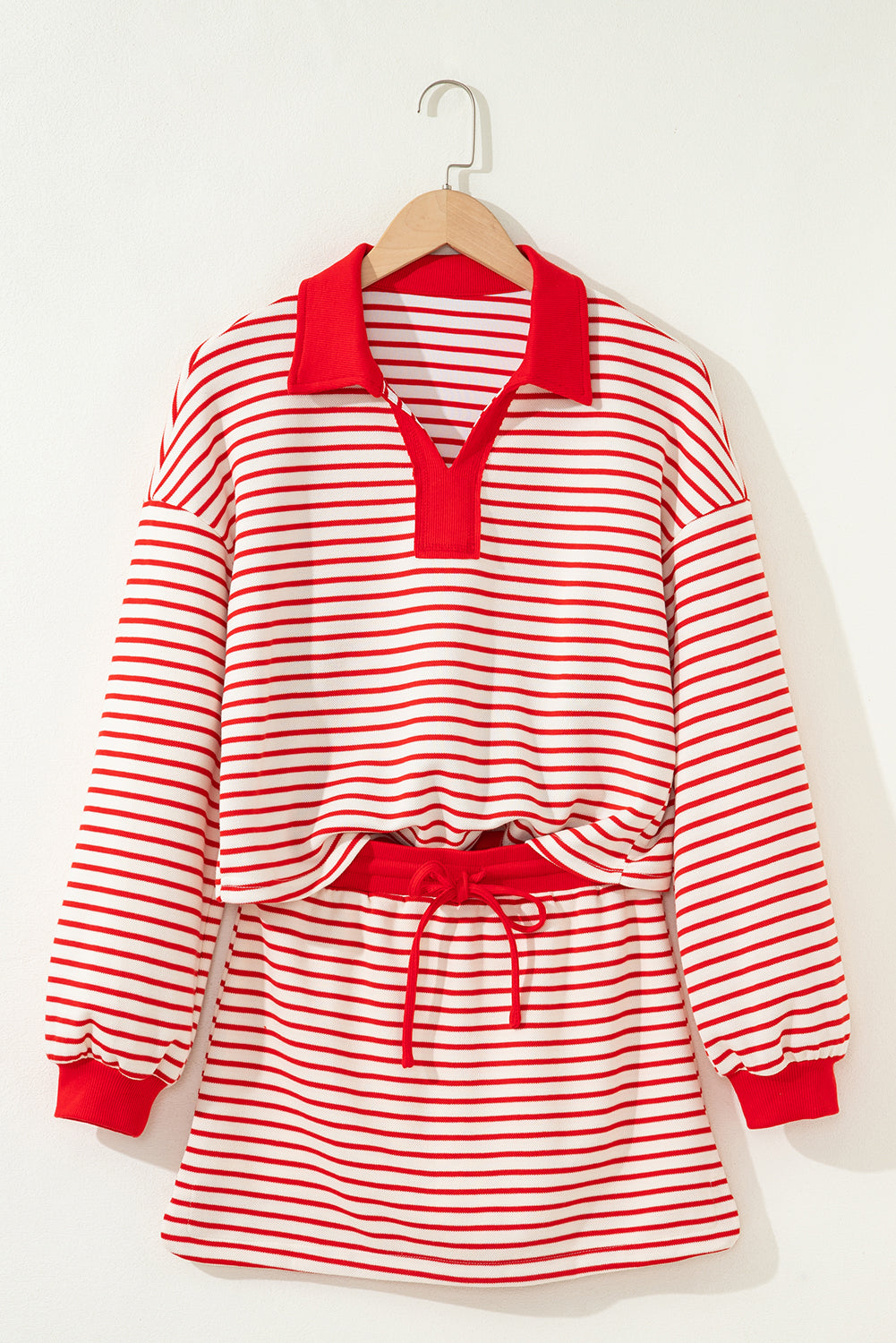 Stripe Collared V-Neck Pullover and Skort Set