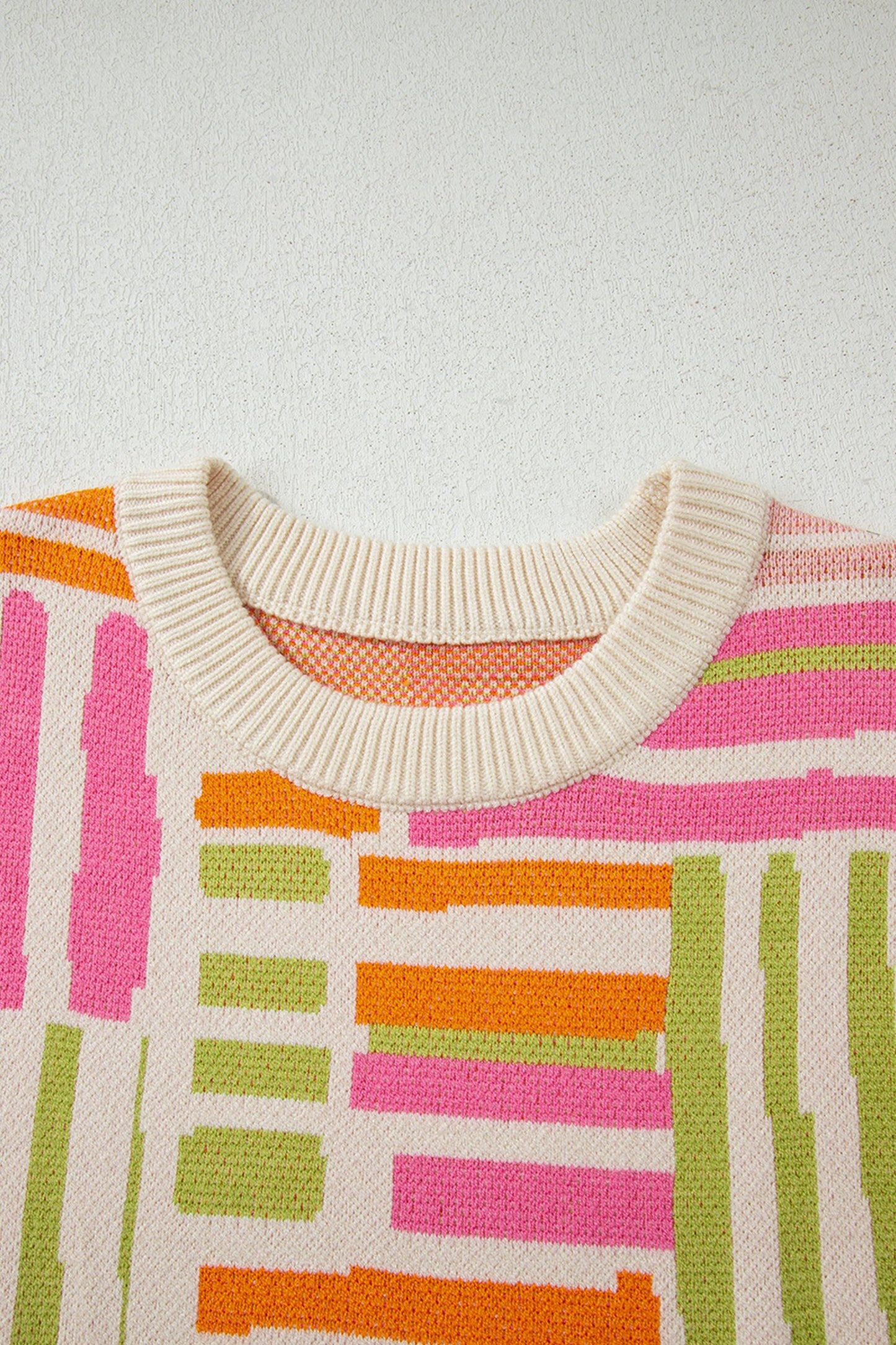 Geometric Stripe Crewneck Puff Sleeve Sweater