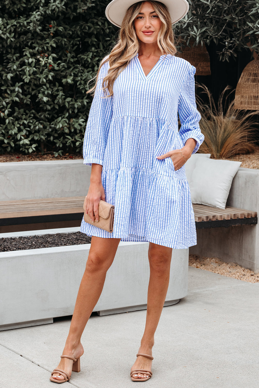 Stripe 3/4 Sleeve Pocketed Tiered Dress