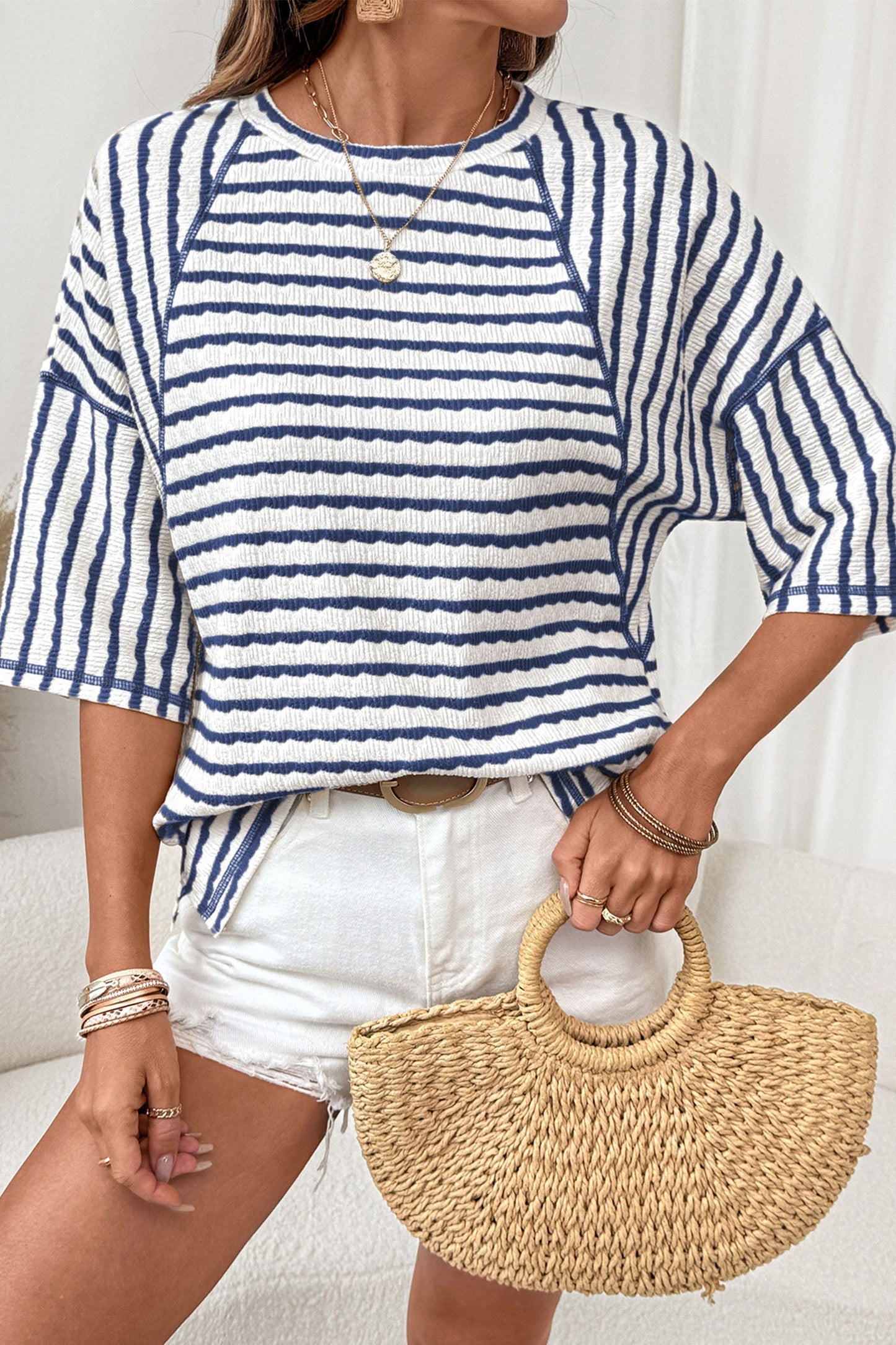 Stripe Textured Knit 3/4 Sleeve Top
