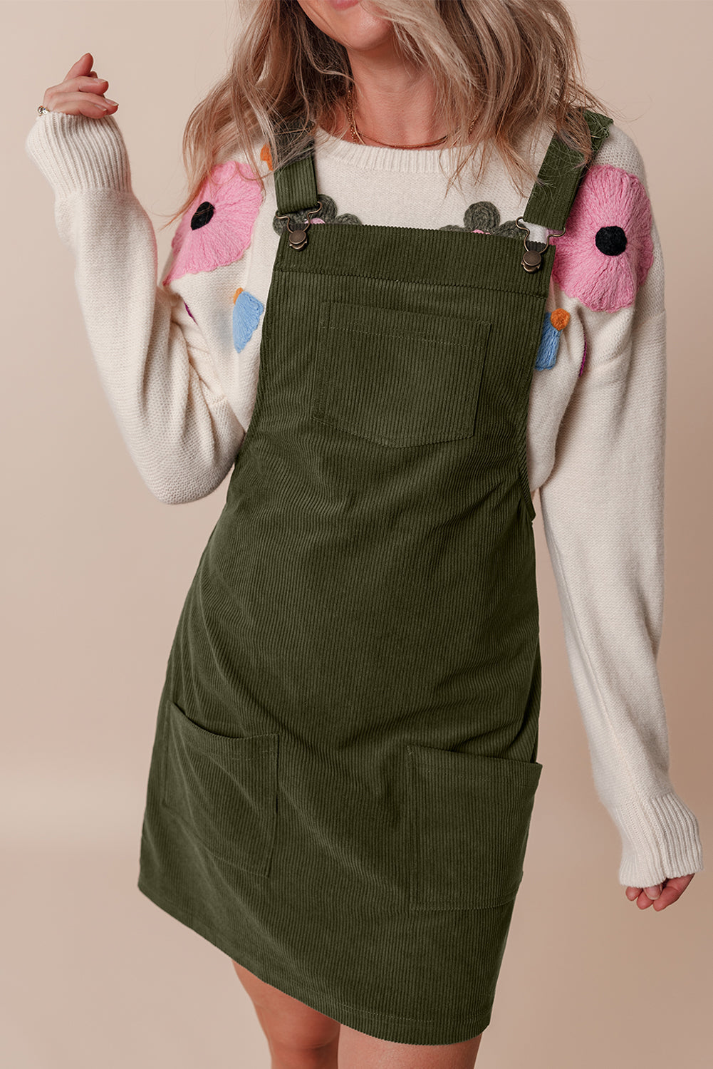 Solid Corduroy Front Pocket Sleeveless Overall Dress