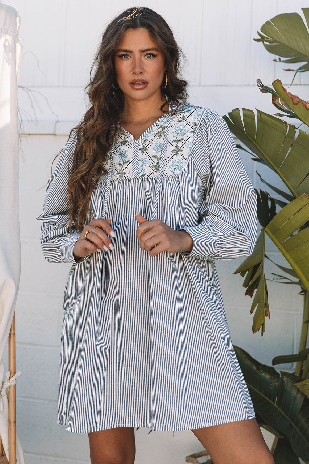 Stripe Floral Patchwork Tied V-Neck Mini Dress