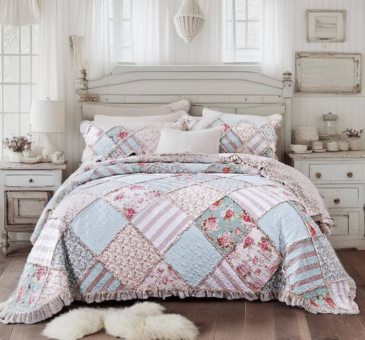 DaDa Bedding Hint of Mint Floral Pastel Cotton Patchwork Ruffle Bedspread Set (JHW-3036)